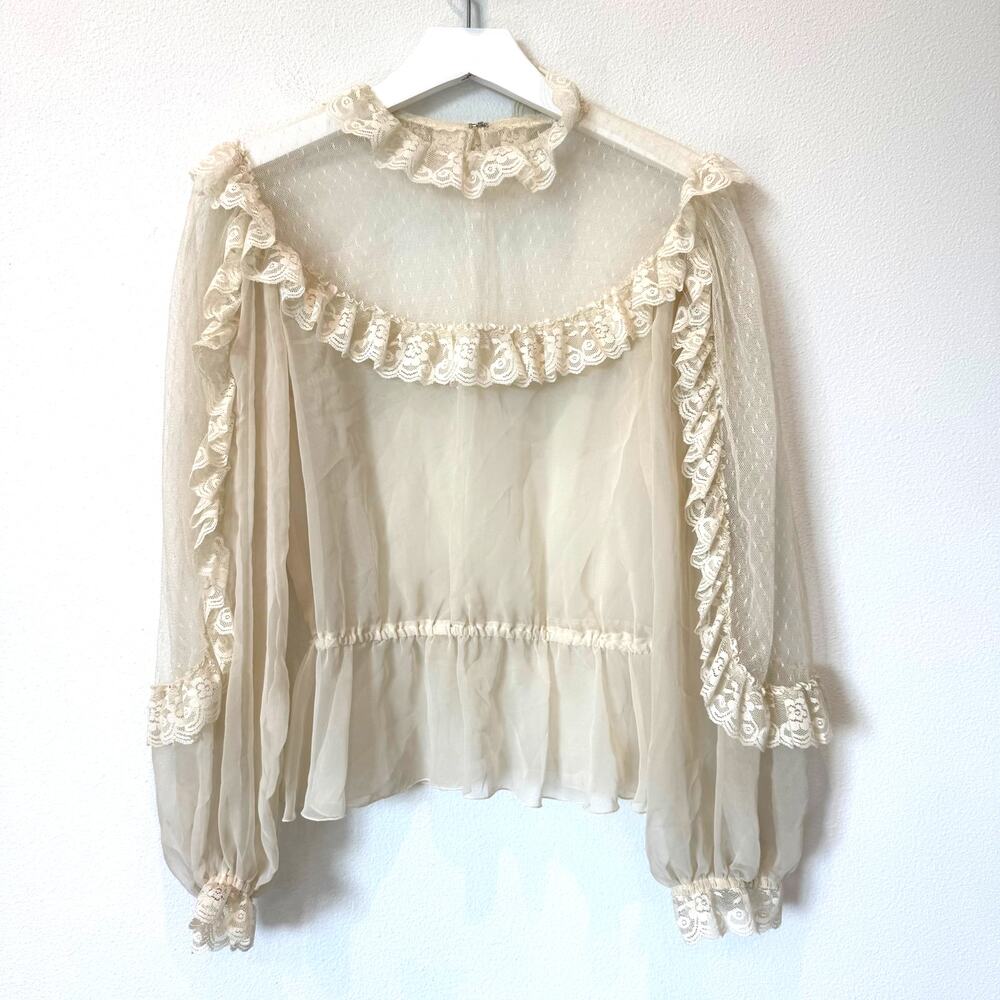 Vintage 80's Victorian Style Sheer Lace Ruffle Blouse Cream Chiffon Peplum